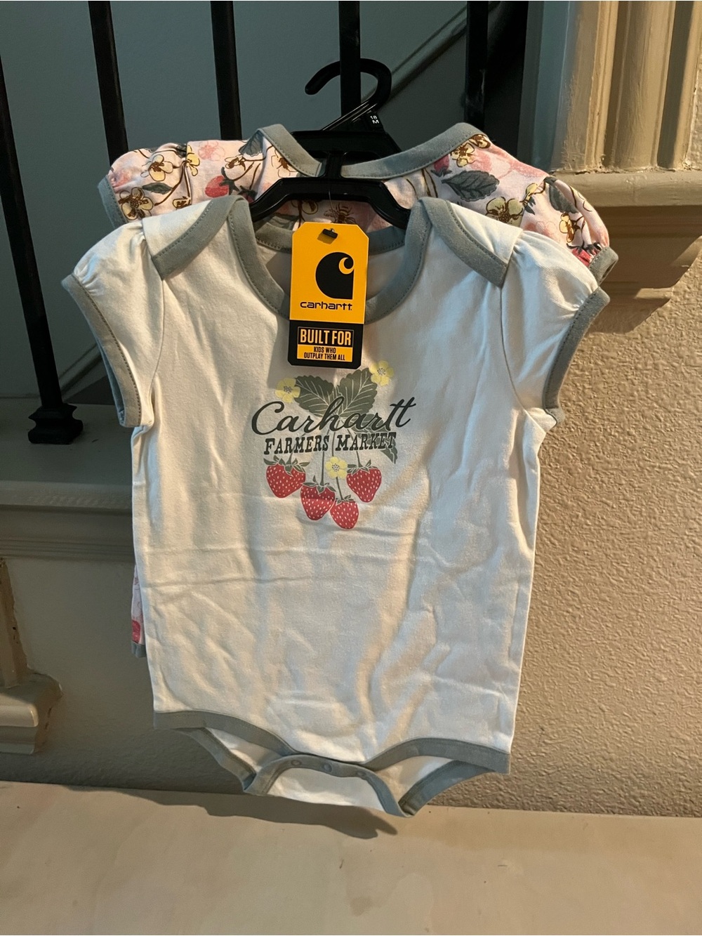 Carhartt White Baby Onesie with Strawberry Graphic and Gray Trim